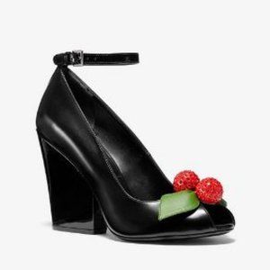 Julianne Cherry-Embellished Leather Peep-Toe Pump